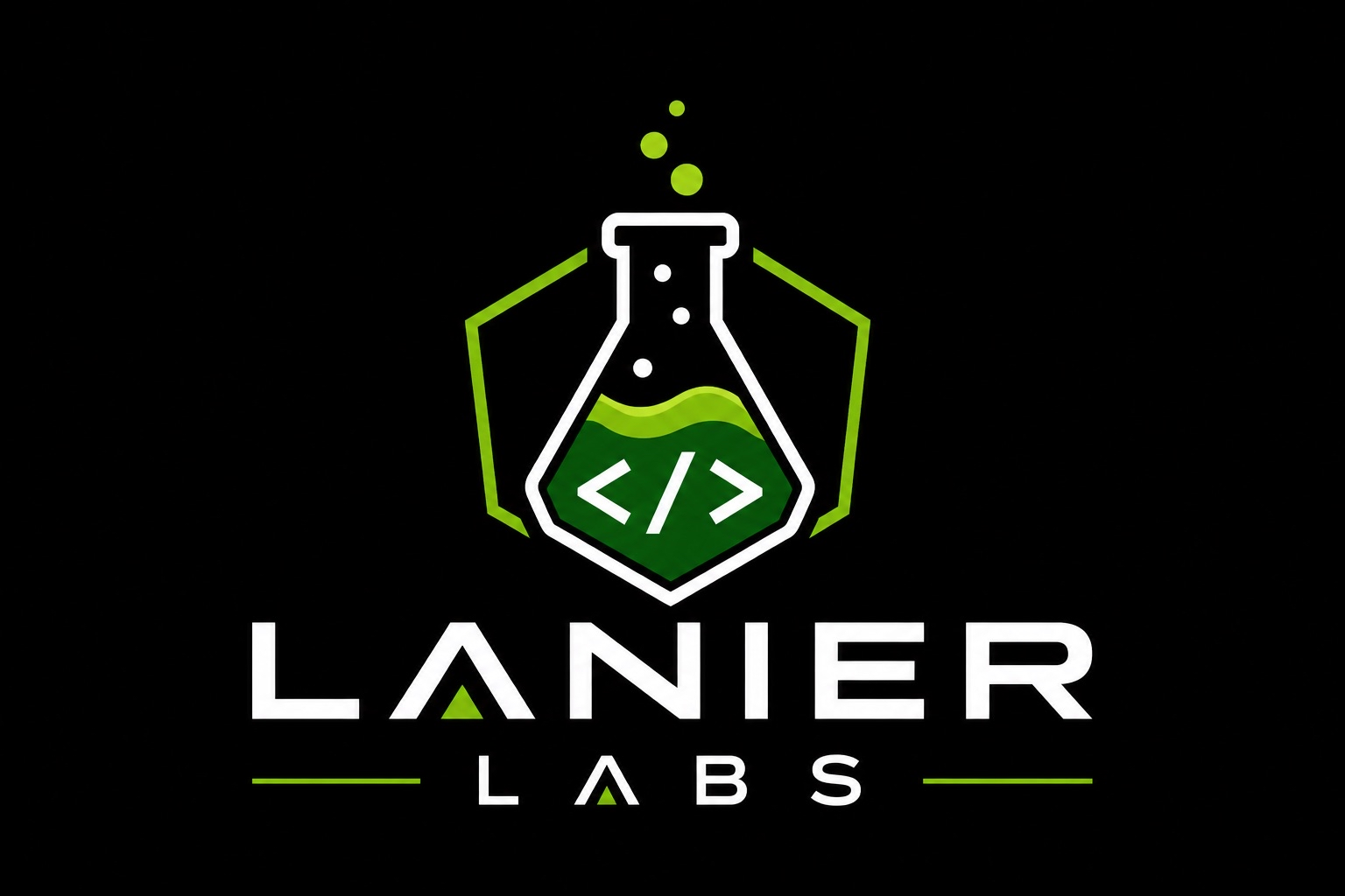 Lanier Labs logo — Erlenmeyer flask with code symbol inside a hexagonal frame